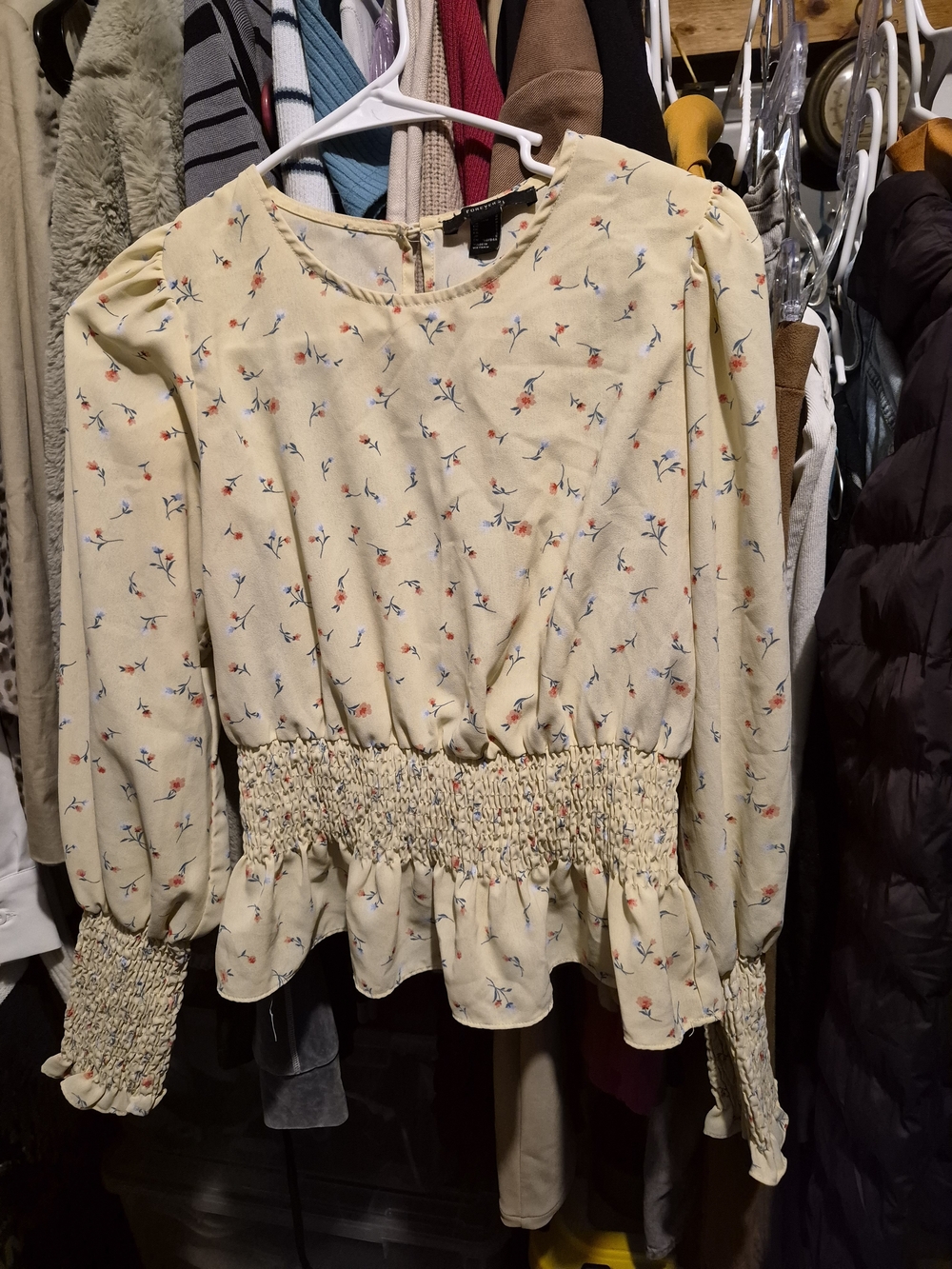 Forever 21 Cream Floral Smocked Waist Blouse